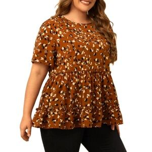 EMERY ROSE Plus Allover Animal Print Ruffle Trimmed Babydoll Blouse in Rust 🐆🐾